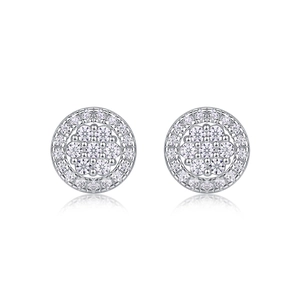 Macro shot of silver sterling silver stud earrings with pave-set sparkling zircon stones
