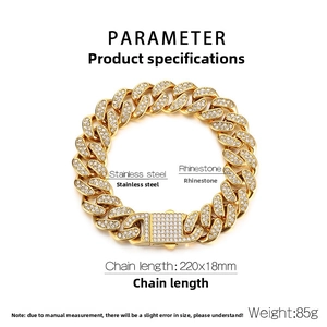 Macro shot of 18mm gold stainless steel Cuban link bracelet with iced-out rhinestones