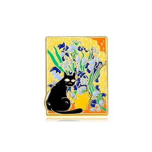 Artistic Van Gogh Iris style enamel pin with black cat in a yellow vase and blue flowers