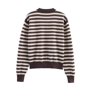 Women's casual long sleeve knitted sweater with classic brown and white stripes