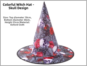 Gothic Oxford fabric witch hat with skull and red rose prints for Halloween party