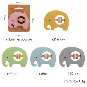 Detail view of silicone elephant baby rattle with dimensions and weight measurements
