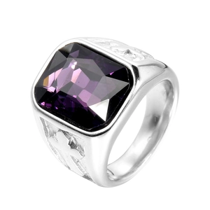 Men's stainless steel ring with square purple gemstone and cross relief detail