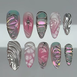 Press On Nails 3D Metallic Butterfly Almond Shape Pink Silver Gradient Y2K Cyberpunk Style ABS Artificial Fingernails With Glue