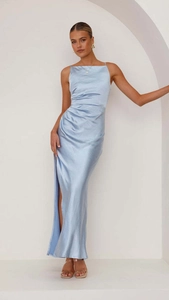 Detailed view of light blue satin dress featuring elegant waist pleats and side slit