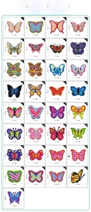 Detailed size chart for 33 butterfly embroidery patches showing dimensions in centimeters