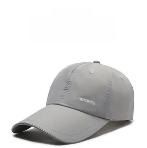 Detail of gray quick-dry baseball cap with SPORTS embroidery and long visor curve