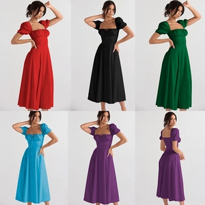 French retro puff sleeve midi dress shown in red, black, green, blue and purple