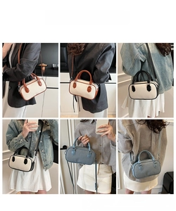 Collage of chic color-block Boston bags shown in crossbody and shoulder carry styles