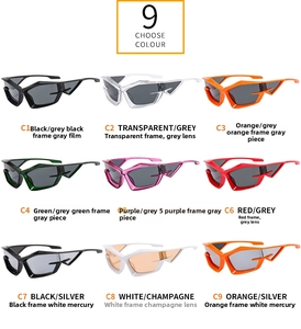 Grid display of nine futuristic Y2K wrap-around sunglasses in various vibrant colors