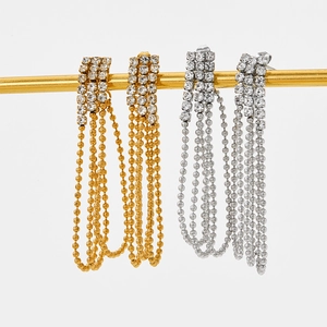 Fashionable long tassel earrings with sparkling rhinestones in gold and silver finish