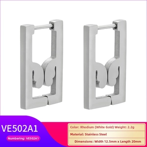 Detail of stainless steel rectangular hoop earrings with center metal wing decoration