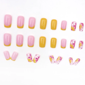 Sweet pink and yellow floral press-on nails set in square shape for women's manicure