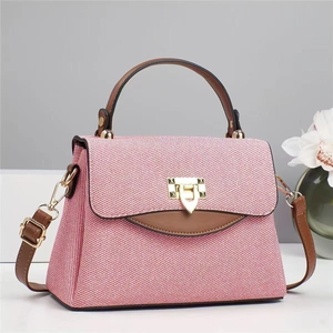 Women Simple Shoulder Bag PU Leather And Canvas Fabric Contrast Color Tote Handbag With Metal Lock Buckle Removable Strap