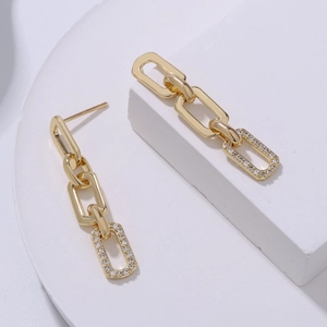 Geometric Long Chain Link Dangle Earrings Copper Micro Inlaid Cubic Zirconia Gold Plated Tassel Jewelry For Women