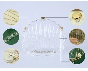 Detailansicht der Acryl-Muschel-Clutch mit goldener Hardware und strukturierter Oberfläche