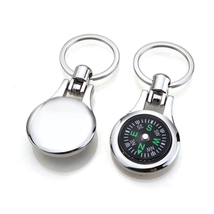 Silver metal compass keychain with bottle opener on white background showing dual sides