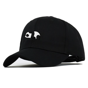 Classic black cotton baseball cap featuring detailed panda embroidery on a white background