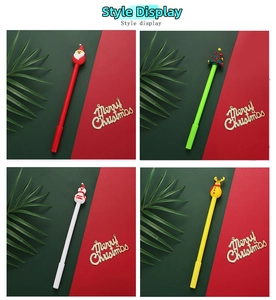 Detail of four Christmas pens featuring Santa, reindeer, snowman, and tree on festive backdrops