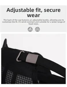 Detail of adjustable metal buckle and breathable mesh fabric on black baseball cap