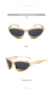Front and side views of stylish cat-eye sunglasses with gold frames and gray lenses
