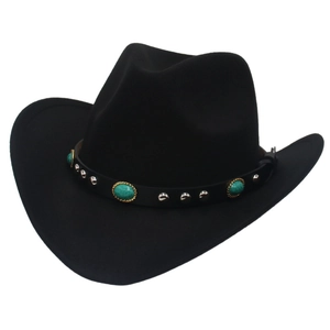 Close-up of black wool felt cowboy hat with turquoise and silver stud leather band