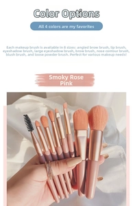 Detail view of 8 soft-bristle smoky rose pink makeup brushes including powder and blush tools