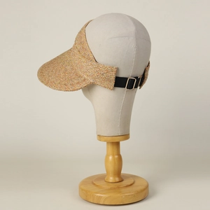 Foldable raffia open top sun hat for women featuring a colorful weave and elastic strap