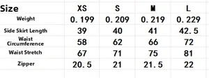 Size guide table for bubble mini skirt showing measurements for XS S M and L sizes