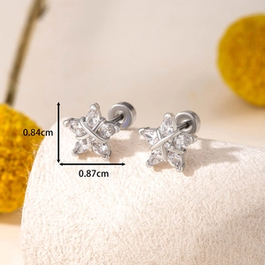Pentagram star zircon stud earrings in silver steel with screw ball back 0.84x0.87cm