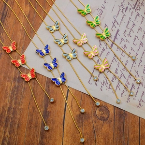 Vintage Gold Plated Titanium Steel Butterfly Pendant Necklace Enamel Rhinestone Tassel Snake Chain Adjustable Commute Jewelry