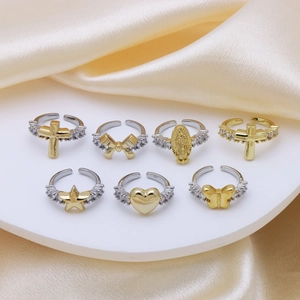 Adjustable Open Rings For Women Copper Dual Tone Plated Cubic Zirconia Cross Heart Star Butterfly Virgin Mary Religious Fashion Jewelry