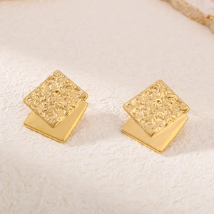 Minimalist 18K gold plated square stud earrings with textured layered metal design
