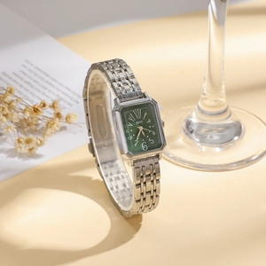Elegant square silver watch with a green dial and stainless steel chain band for women