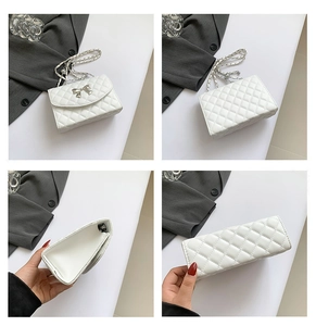 Detailed views of white quilted crossbody bag with silver bow and chain strap