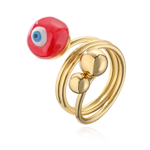 Gold multi-layer open ring featuring a vibrant colorful resin Evil Eye charm centerpiece