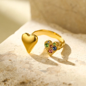 Chic gold adjustable heart ring featuring vibrant multi-colored zircon gemstone inlay
