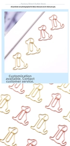 Detailed view of dog-shaped paper clips in shiny gold and rose gold finishes