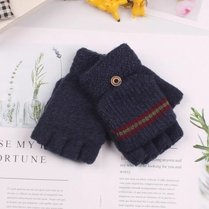 Detail of navy blue knitted flip top mittens with red-green stripes and brown button closure