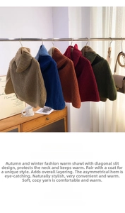 Detail showing high neck knitted capes in five colors with irregular slit hem designs