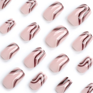 French wavy marble press-on nails in pink and brown with a glossy square-oval shape
