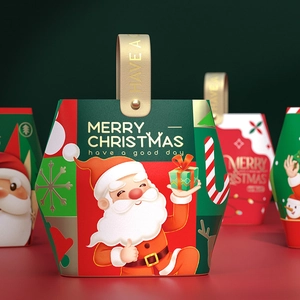 Festive Santa Claus Christmas gift boxes with gold handles and holiday patterns