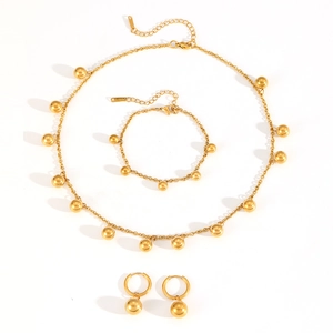Minimalist gold stainless steel jewelry set featuring necklace bracelet and earrings