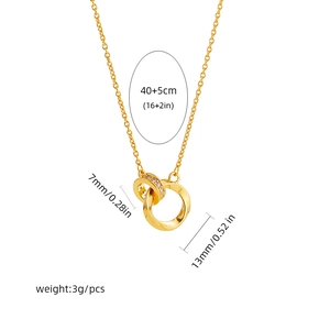 Detail view of 18K gold Mobius double ring necklace with zircon inlay and size dimensions