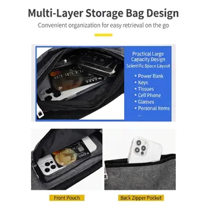 Grey Oxford fabric lightweight running fanny pack with multi-layer storage compartments