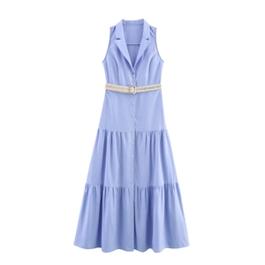 Dames Mouwloze Maxi Jurk Linnen Look Reverskraag Gelaagd Casual Elegant Met Riem