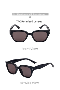 Detail of polarized TAC lenses and black frame on stylish cat-eye men's sunglasses