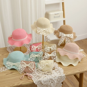 Kids woven straw sun hats and matching bags with lace heart bows in multiple colors