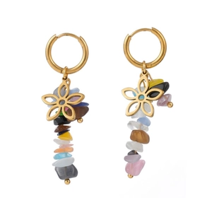 Boucles D'oreilles Créoles En Acier Inoxydable Avec Fleur Creuse Plaqué Or Et Pierre Naturelle Bohème Pour Femme