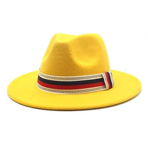 Detail of yellow wool fedora with a patterned Greek key decorative hat band
